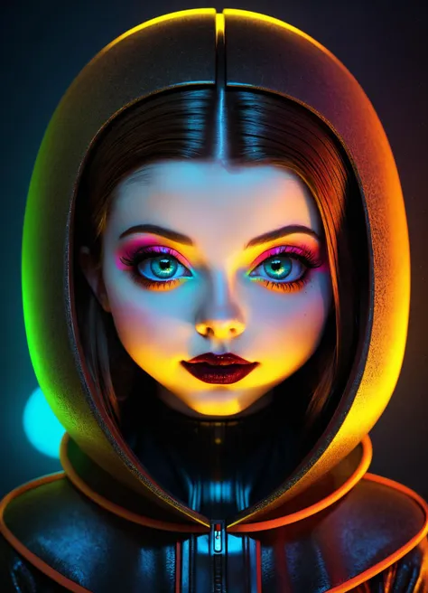 a woman with a hood and neon makeup in a dark room