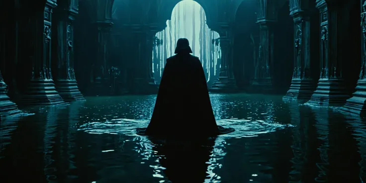 a person in a cloak standing in a dark room