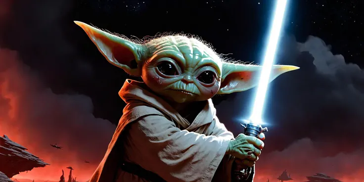 yoda is holding a light saber in front of a red sky