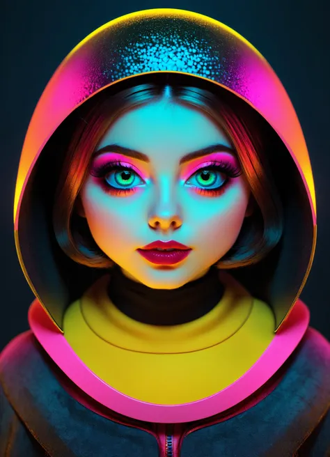 a woman with a hoodie and neon makeup looks into the camera