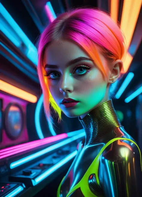 a woman in neon clothes standing in front of neon lights