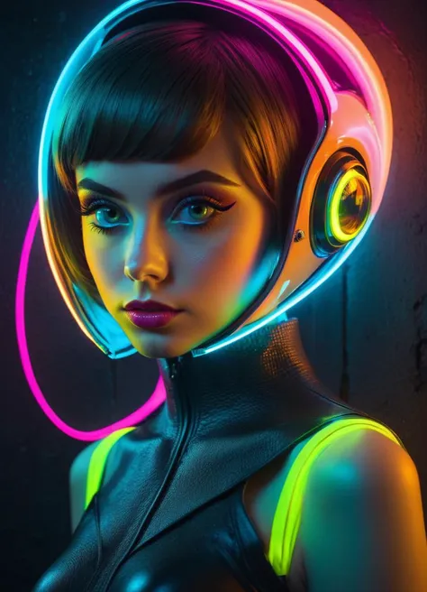 a woman with headphones and glowing hair in a neon light