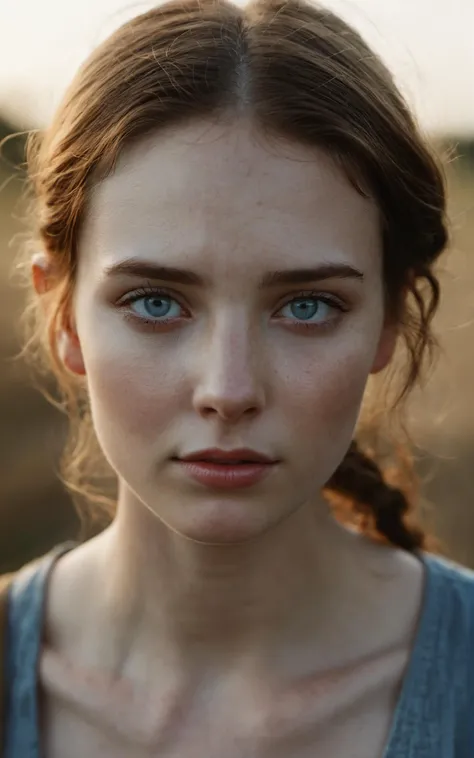 cinematic film still 25 year old farm girl,no make up,plain,photograph,highly detailed face,depth of field,moody light,golden hour,style by Dan Winters,Russell James,Steve McCurry,centered,extremely detailed,Nikon D850,award winning photography,waist up vi...