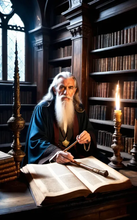 a 120 year old wizard sits in an ancient library,arcane scrolls,magical books,wands,staffs,magical trinkets,ancient artifacts,shelves,crystal ball,portals,magical energy,potions, Hyperrealistic art cinematic film still photography in the style of detailed ...