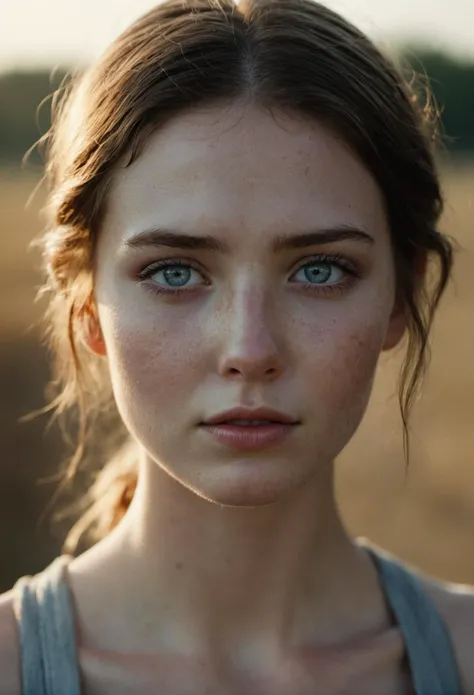 cinematic film still 25 year old farm girl,no make up,plain,photograph,highly detailed face,depth of field,moody light,golden hour,style by Dan Winters,Russell James,Steve McCurry,centered,extremely detailed,Nikon D850,award winning photography,waist up vi...