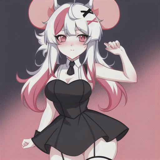 mousey_vk, 1girl,animal_ears, bare_shoulders, blush, hair_ornament, hairclip, white_hair, white thighhighs, <lora:Mousey:0.75>, masterpiece, perfect quality, black underewar