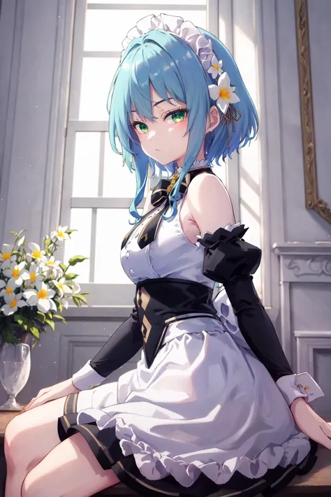 masterpiece, best quality, highres, 1girl blue hair green eyes hair ribbon hair flower, bare shoulders sleeveless shirt white shirt white apron black sleeves detached sleeves black bowtie frilled skirt thigh strap <lora:villhaze:1> sitting, from side, look...