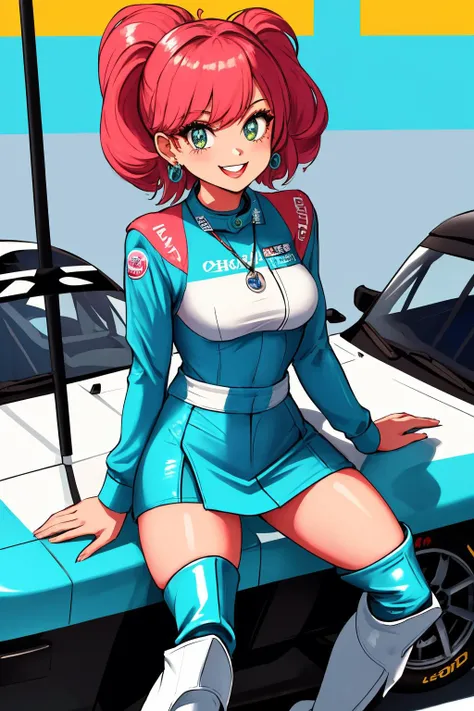 retro-futuristic masterpiece, best quality, (race queen:1.5), 1 girl, colorful separate mini jacket and mini skirt, (knee-high boots visible:1.3) as the main focus, simple background, dynamic lighting, vibrant colors, safe for work, high quality, seated po...