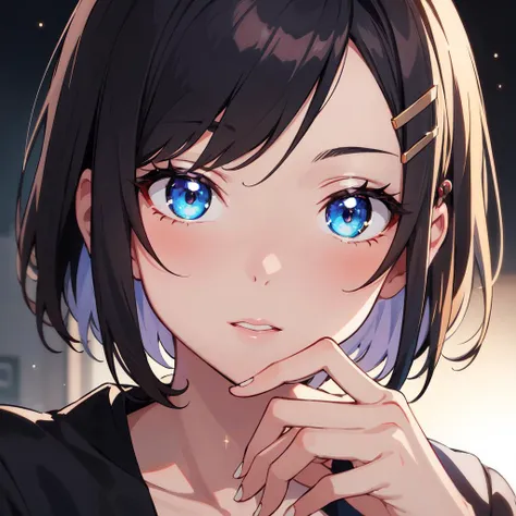 anime girl with blue eyes and black hair with a black shirt