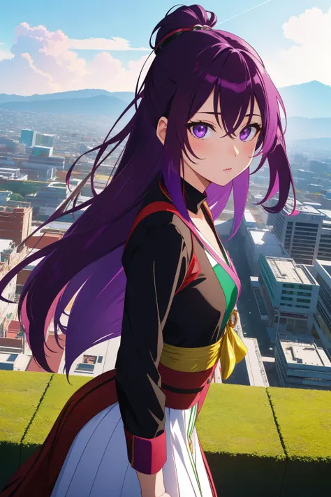 a close up of a person with long purple hair standing on a hill