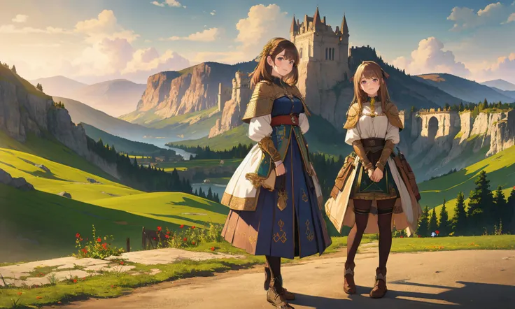 two women in medieval clothing standing on a road in front of a castle