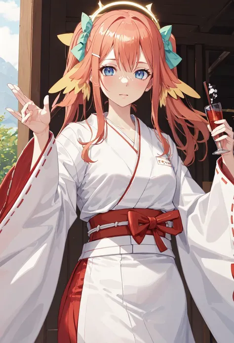 best quality, masterpiece, highres, solo, (shimiko_bluearchive:1.10), (white kimono:1.35), (red hakama:1.35), (wide sleeves:1.20), 15 <lora:shimiko_bluearchive:0.80>