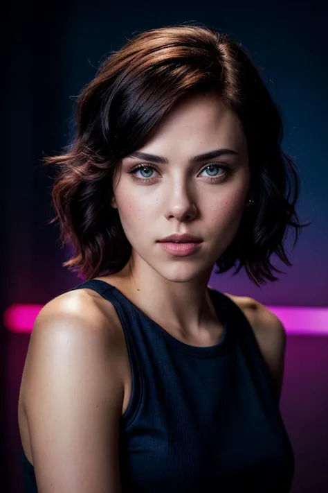 photo of (blw1d0w-135:0.99), closeup portrait, perfect short hair, (modern photo, Magenta graphic tee), 24mm, (analog, cinematic, film grain:1.3), ((plain Sea Blue background, gradient:1.1)), detailed eyes, (seductive pose), (epicPhoto), upper body, (looki...