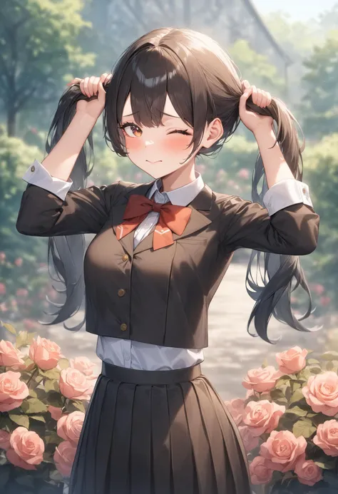 anime girl with long hair and a bow tie in a garden