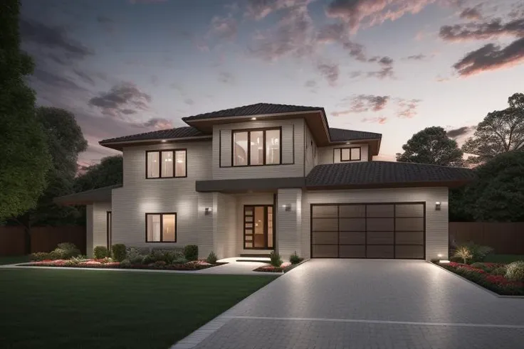 a rendering of a modern house with a driveway and a garage