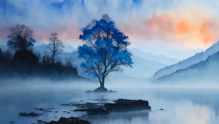 a painting of a tree in the middle of a lake