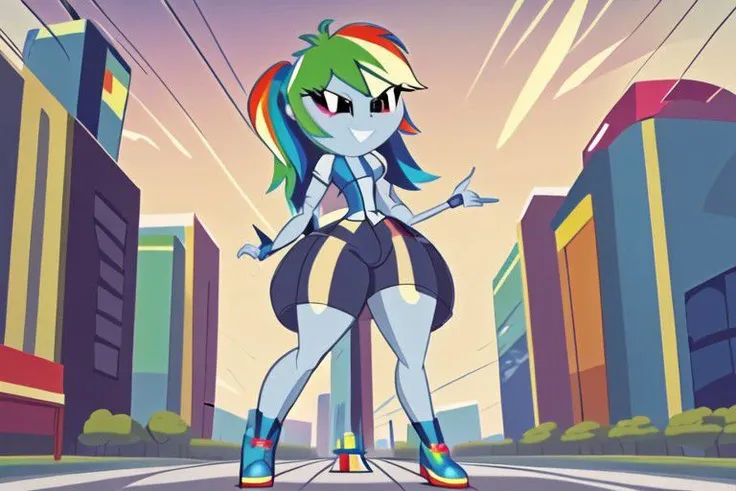 a close up of a cartoon of a woman with a rainbow dash hair