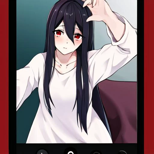 anime girl with long black hair and red eyes on a cell phone