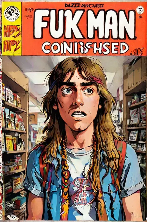 Dazed and Confused Hippy Teen in a head shop <lora:wizards_vintage_comics-Undergroundf16:1> Vintage comic book with the title "Fuck Man"