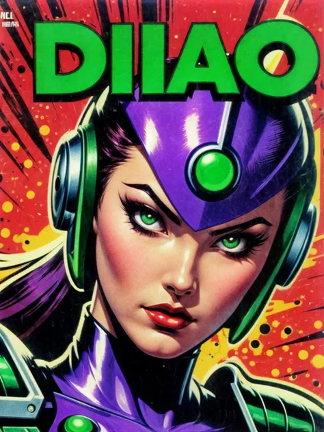 a cover of a magazine with a woman wearing headphones and a helmet on her head, with a red background, David Diao, comic cover art, a comic book panel, retrofuturism <lora:more_details:0.8> <lora:hannesbok:1>