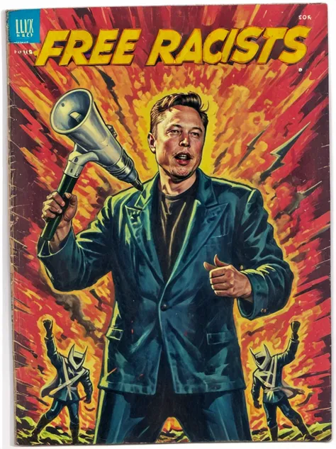 <lora:Wiz-VintageComicBookCover_v01:1.4>,Vintage comic book cover full body illustration of Elon Musk speaking to a megaphone, (title says FREE Racists text logo:1.4) <lora:Harrlogos_v2.0:1.1>,