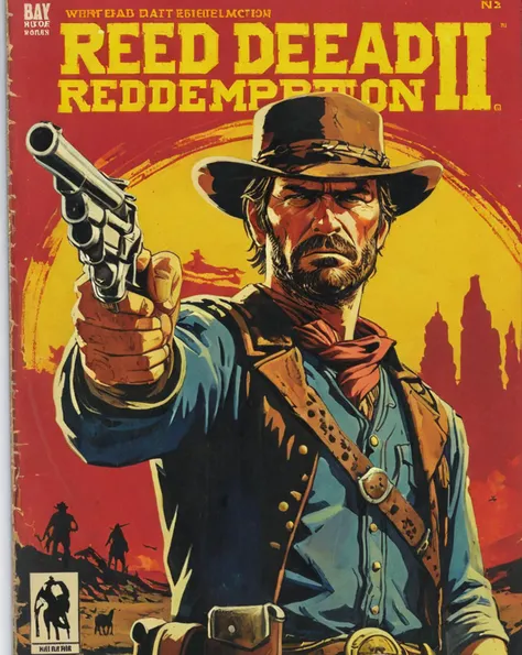 <lora:Wiz-VintageComicBookCover_v01:1> Vintage comic book cover of Red Dead Redemption 2