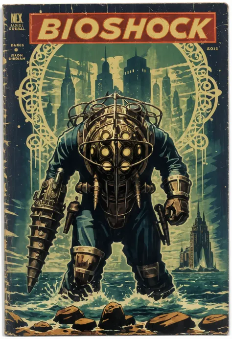 <lora:bioshockstyle:0.75>,<lora:Wiz-VintageComicBookCover_v01:1> Vintage comic book cover in the bioshockstyle with the ornate text logo: "Bioshock"