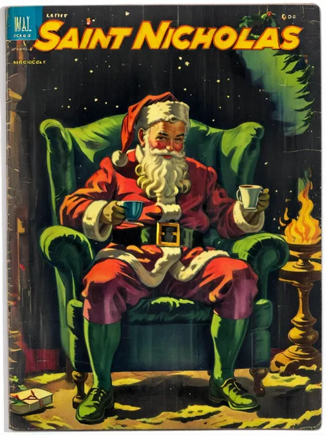 <lora:Wiz-VintageComicBookCover_v01:1.5>, (Vintage comic book cover  illustration of Santa drinjing a coffe in a lavish chair), (title says "Saint Nicholas" text logo:1.4) <lora:Harrlogos_v2.0:1>