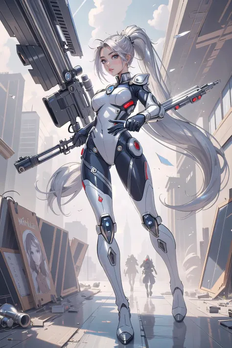 (masterpiece, best_quality, ultra-detailed, immaculate:1.3), epic, illustration, welcoming, 1girl, sniper, silver hair, ponytail, on top of a chaotic skyscraper, (full body:1), [:sexy costume design:0.2]<lyco:EnvyFantasyMix01:0.8>