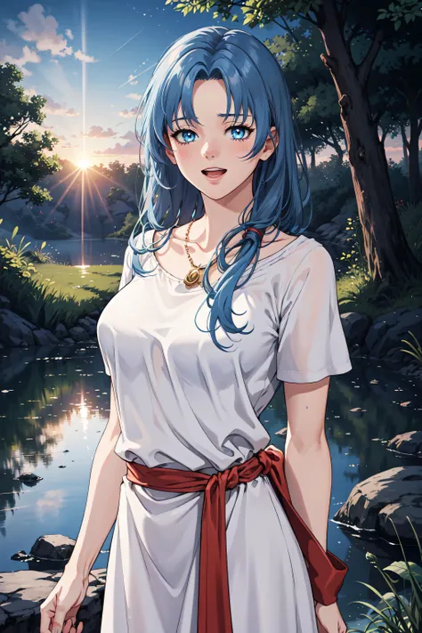 masterpiece, best quality, striking visuals, , detailed background, 1girl, solo, large breasts, blue hair, blue eyes, mature woman, long hair, feena, necklace, white robes, short sleeves, sash, (wind), :d, forest, <lora:feena-nvwls-v1:0.785> sunrise, morni...