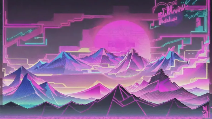 (synthwave:1.2),(neon sun) scanlines,wireframe,mountains,palm tree,vectorized,(retrowave),(vaporwave),purple blue pink black,dark background,(highres),best quality,high quality,(masterpiece),intricate detail,[[raytracing]] <lora:retrowave_0.12:1>,