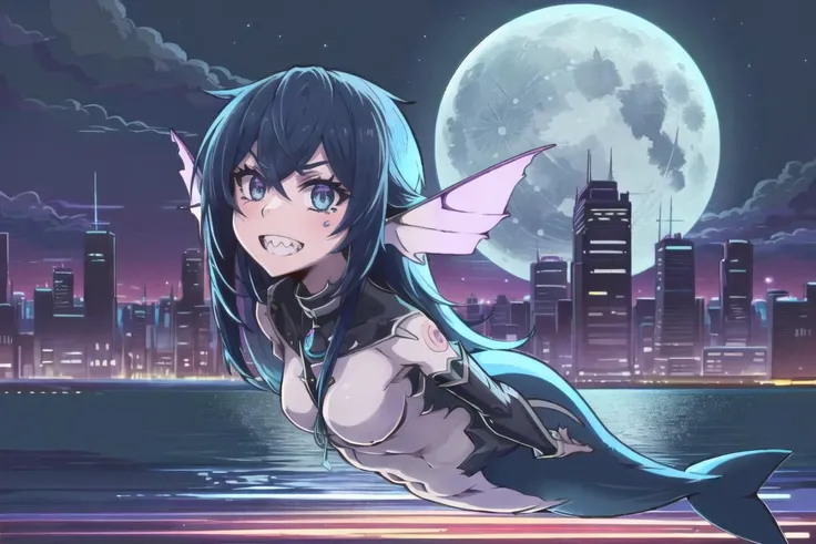 ((best quality)), ((highly detailed)), masterpiece, extremely detailed face, beautiful face, (detailed eyes, deep eyes), (1girl), full body, <lora:retrowave_0.12:.9>, retrowave, full moon, night sky, city, (purple neon lights), <lora:aiomonstergirls_loraLo...