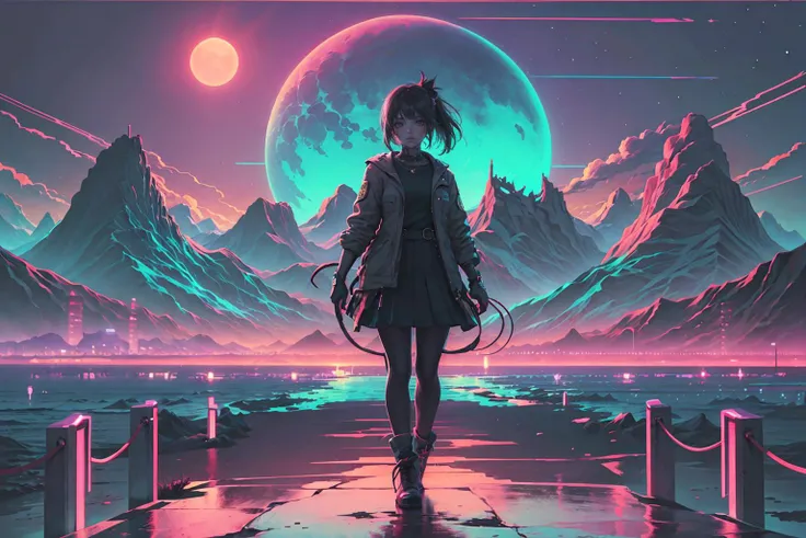 1girl, retrowave. city, road, purple neon lights, sun, mountain, (masterpiece,detailed,highres),