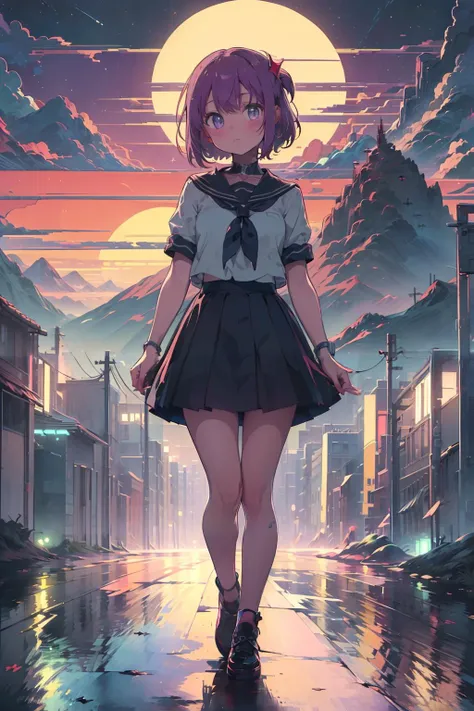 (masterpiece, best quality:1.4), retrowave, sun, mountain, metropolis, road, purple neon lights, (1 girl, solo), full body, (blonde short hair), serafuku, <lora:retrowave_0.12:1>