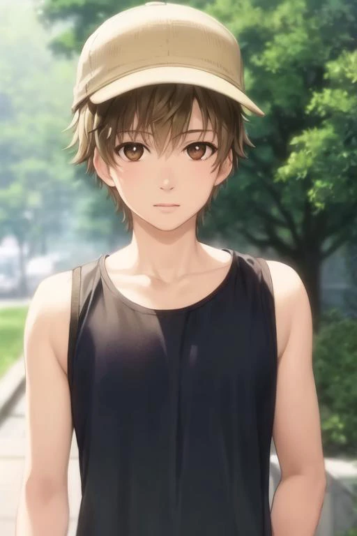 masterpiece, best quality, photorealistic, 1boy, solo, male focus, looking at viewer, upper body, depth of field, <lora:ikuyoshi_sasaki:0.68>, ikuyoshi_sasaki, brown hair, brown eyes, tank top, newsboy cap, ,