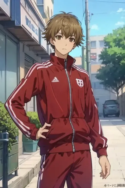 masterpiece, best quality, , 1boy, solo, male focus, looking at viewer, , , <lora:ikuyoshi_sasaki:0.74>, ikuyoshi_sasaki, brown hair, brown eyes, tracksuit, , atompunk,