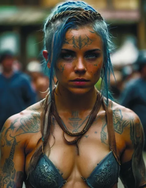 <lora:RPGThugXL:1> close portrait of 1girl, dirty bra with large breasts, athletic, workout gear, active, ((strong:1.2)), blue hair and freckles, tribal tattoos, (wet body:0.7), body builder, anthropomorphic who is very muscular and showing off his 6-pack ...