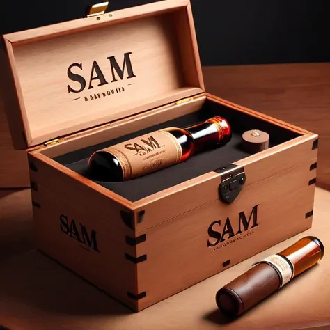 a close up of a wooden box with a bottle of wine and a cigar