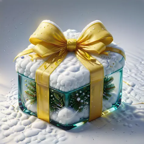 Hyperrealistic art  <lora:Instant_Present:0.9>,  <lora:FaeTastic:0.9> , <lora:xl_more_art-full_v1:0.6>,  Glass present with snow inside, yellow ribbon, inside, soft lighting,  <lora:mistletoe_mercenaries:1.3> . Extremely high-resolution details, photograph...