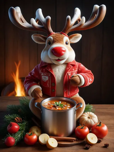 gourmet food photo of gourmet food photo of ultra detailed portrait art style of a Reindeer with antlers, wearing a red and white color denim jacket, crew neck sweater, corduroy pants, desert boots, looking at (a large round pot of very hot soup) as instan...