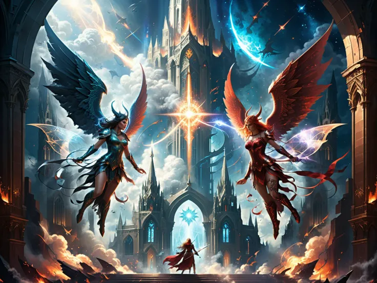 ethereal fantasy concept art of good and evil air battle, facing each other, (cosmiccore  angelic being, bright christian cathed...