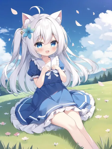 1girl,animal ears,flower,solo,outdoors,dress,blue eyes,white flower,sky,animal ear fluff,smile,hair flower,blue dress,long hair,sitting,hair ornament,short sleeves,cat ears,puffy sleeves,cloud,puffy short sleeves,white hair,frills,ahoge,bangs,:d,day,one si...