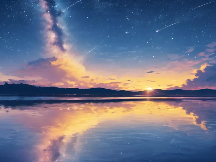 a view of a lake with a star filled sky and a shooting star