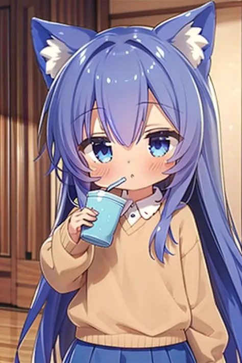 anime girl with long blue hair drinking from a cup