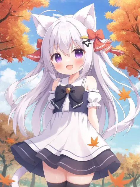 a girl with long white hair and a cat ears is standing in the woods