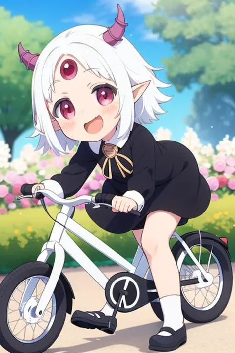 a girl riding a bike with a cat ears on her head