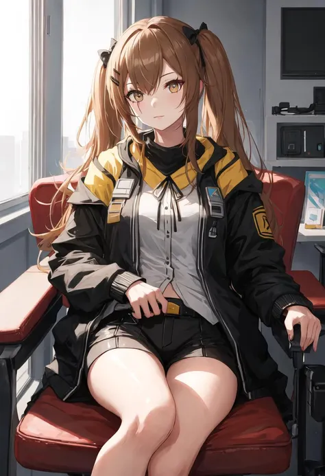 {safe:1.10}, best quality, masterpiece, highres, solo, {ump9_girlsfrontline:0.90}, sitting, sitting on chair, chair, cowboy_shot, looking at viewer