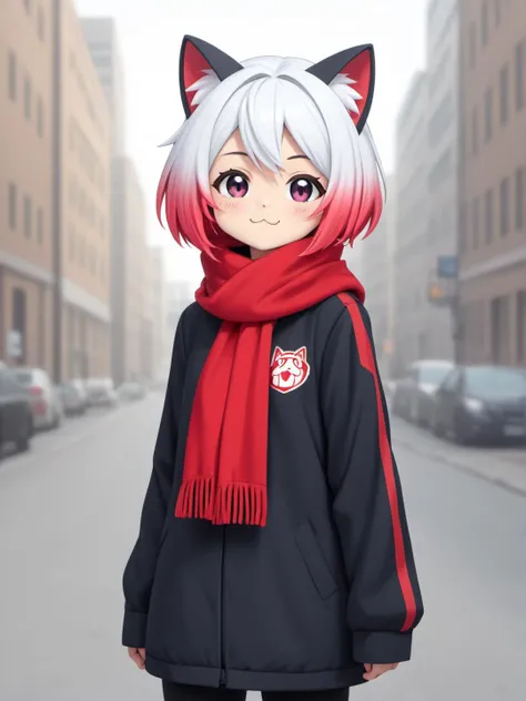 anime girl with white hair and red scarf standing in the middle of a street