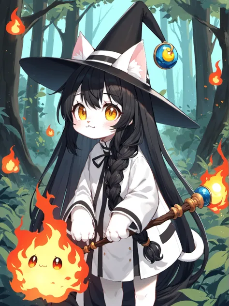 score_9, score_8_up, score_7_up, score_6_up, score_5_up, score_4_up, (a cute little white cat, big cute eyes, (wearing black magical hat:1.25), holding black magical orbstaff:1.2), burning magical forest in background, vibrant, hkanimal, low-tied long hair...