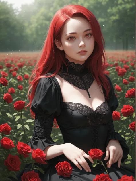 a close up of a woman in a black dress sitting in a field of red roses